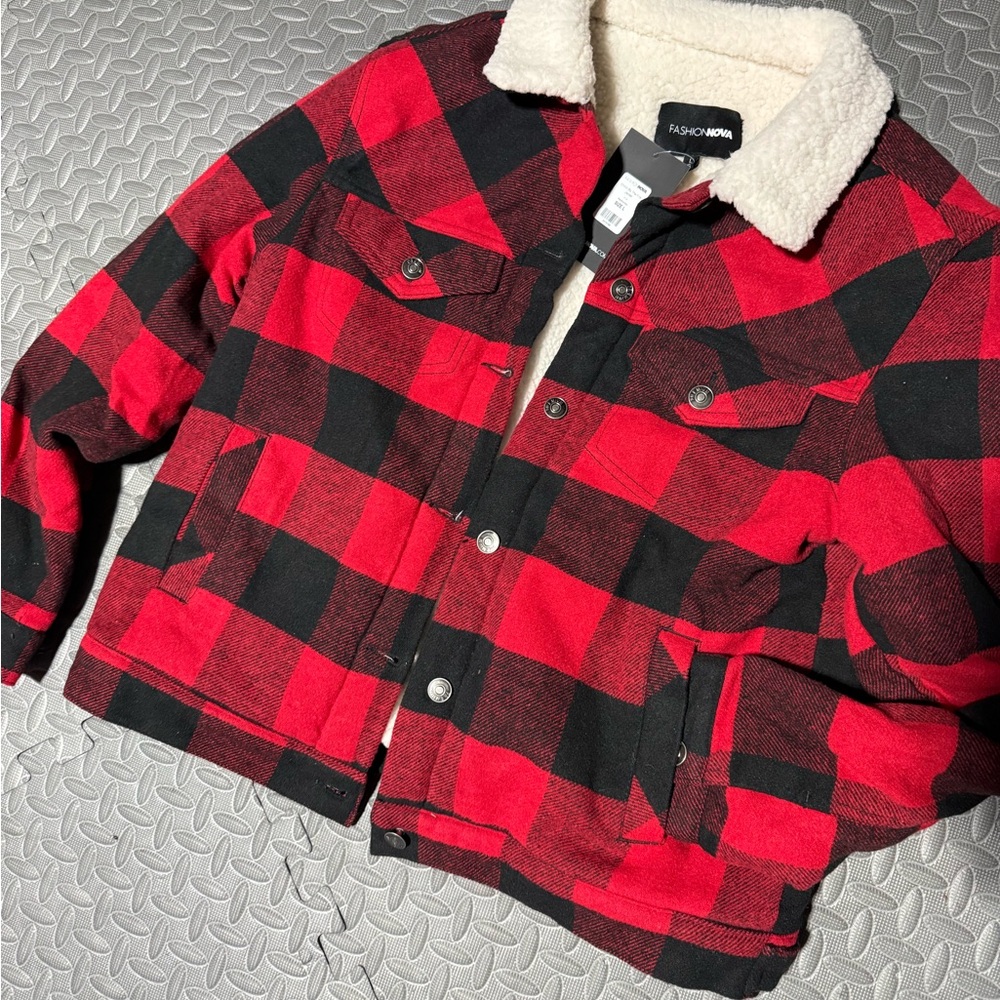 Fashion Nova Women’s Black and Red Buffalo Plaid Sherpa Lined Jacket